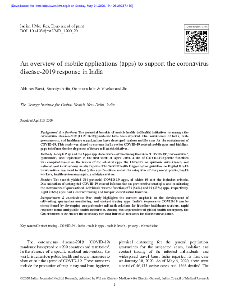 An overview of mobile applications (apps) to support the coronavirus disease-2019 response in India